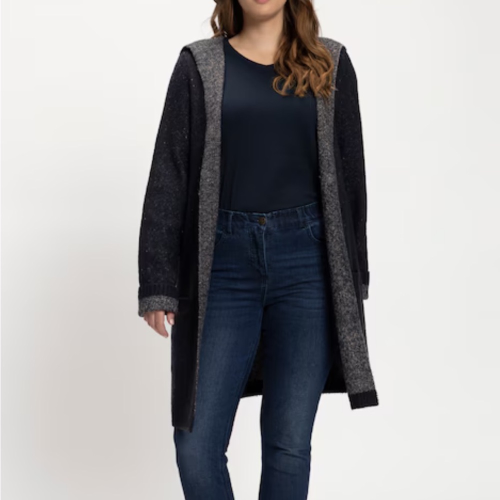 Ulla Popken Colorblock Stripe Back Cardigan Sweater Navy & Cream